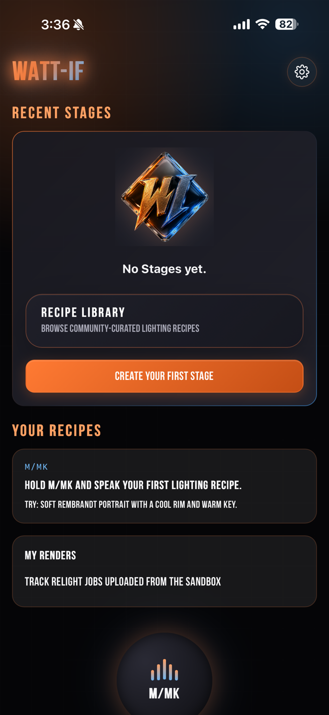 WATT-IF home screen showing an M/mk text prompt for a Soft Rembrandt Portrait