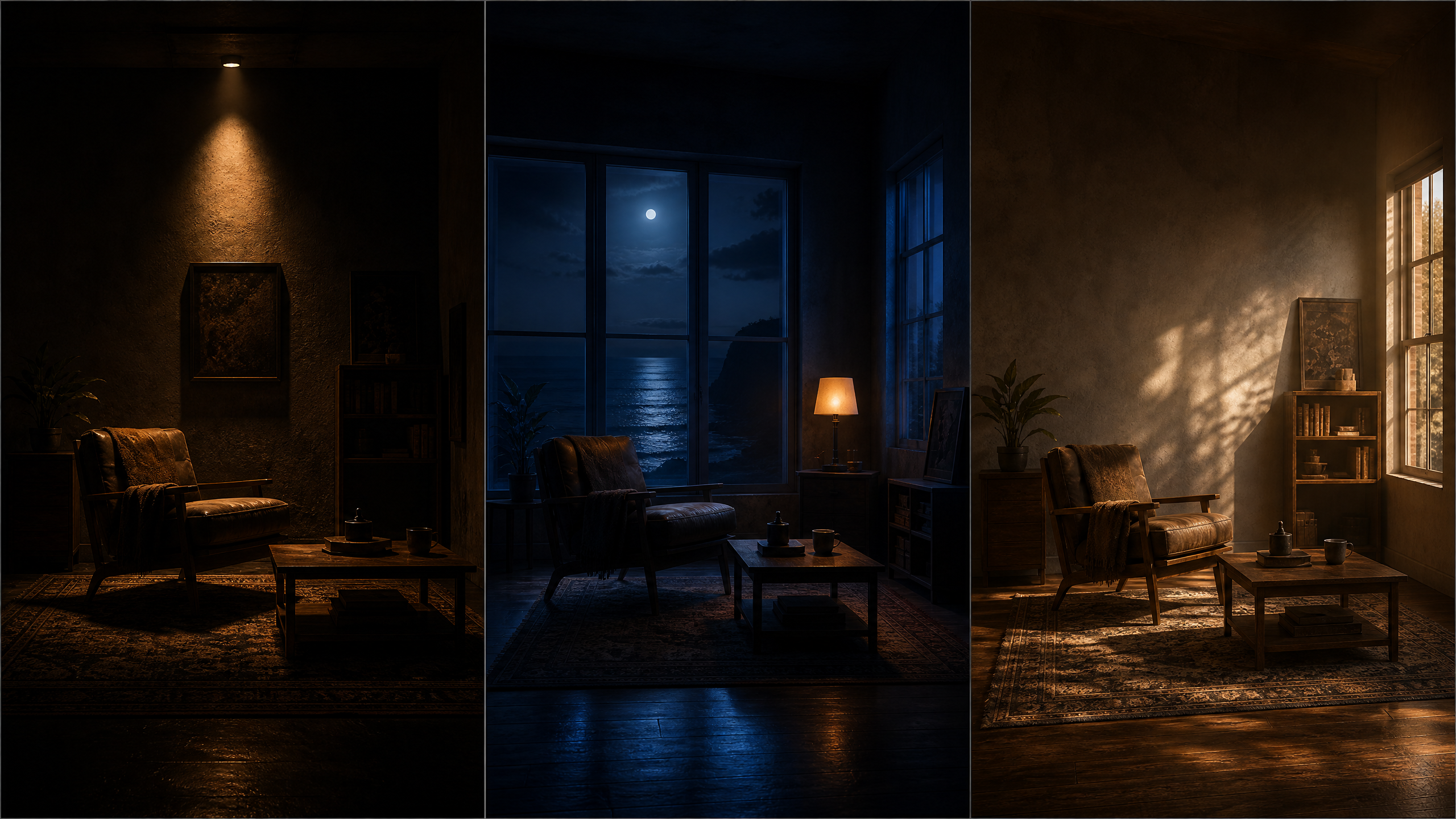 Three iconic film lighting recreations: Hard Overhead Interrogation, Top-Down Shadow, and Mixed Color Temp