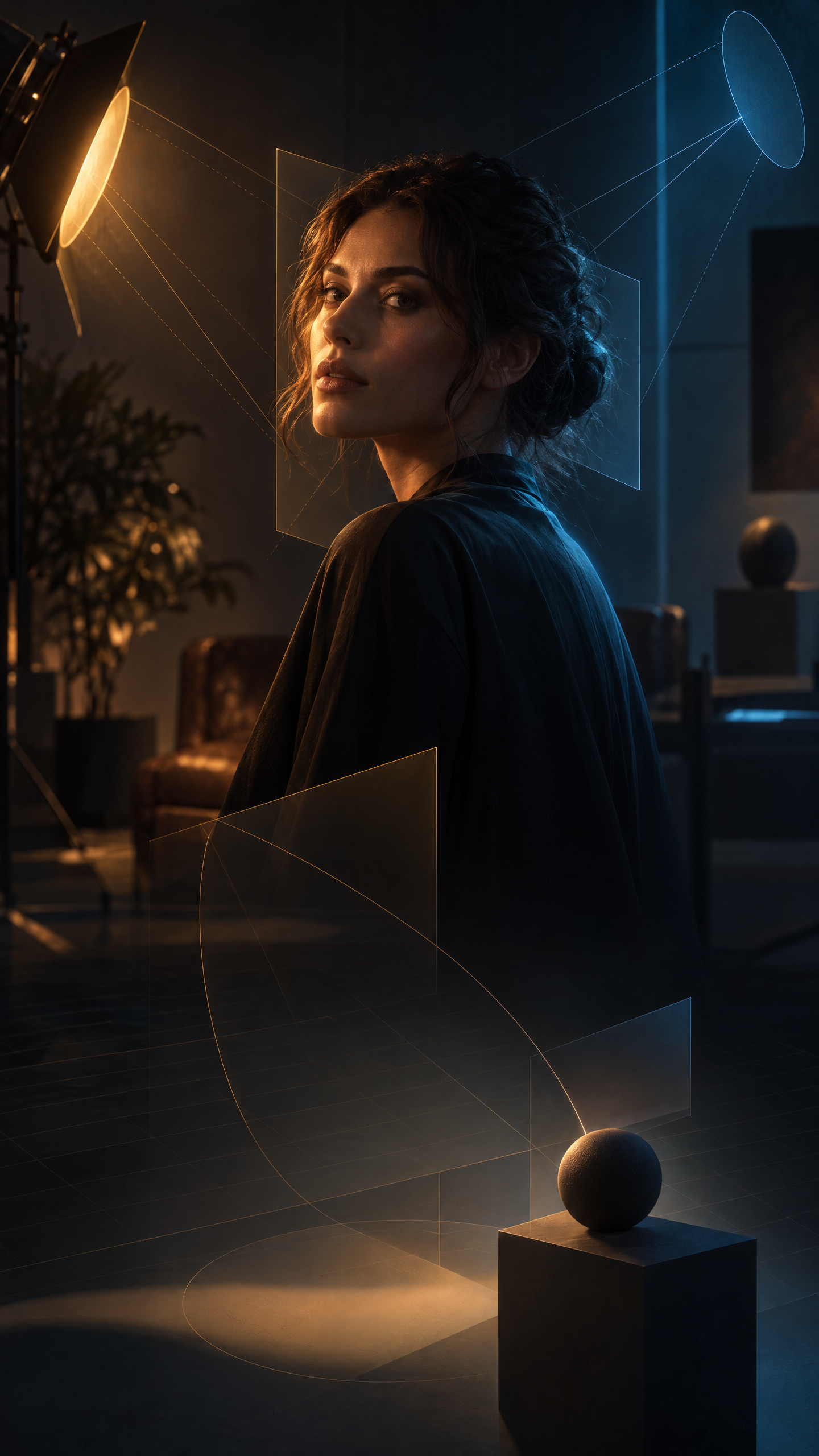 Original WATT-IF assistant artwork with a portrait lit by warm and cool sources and abstract spatial analysis overlays