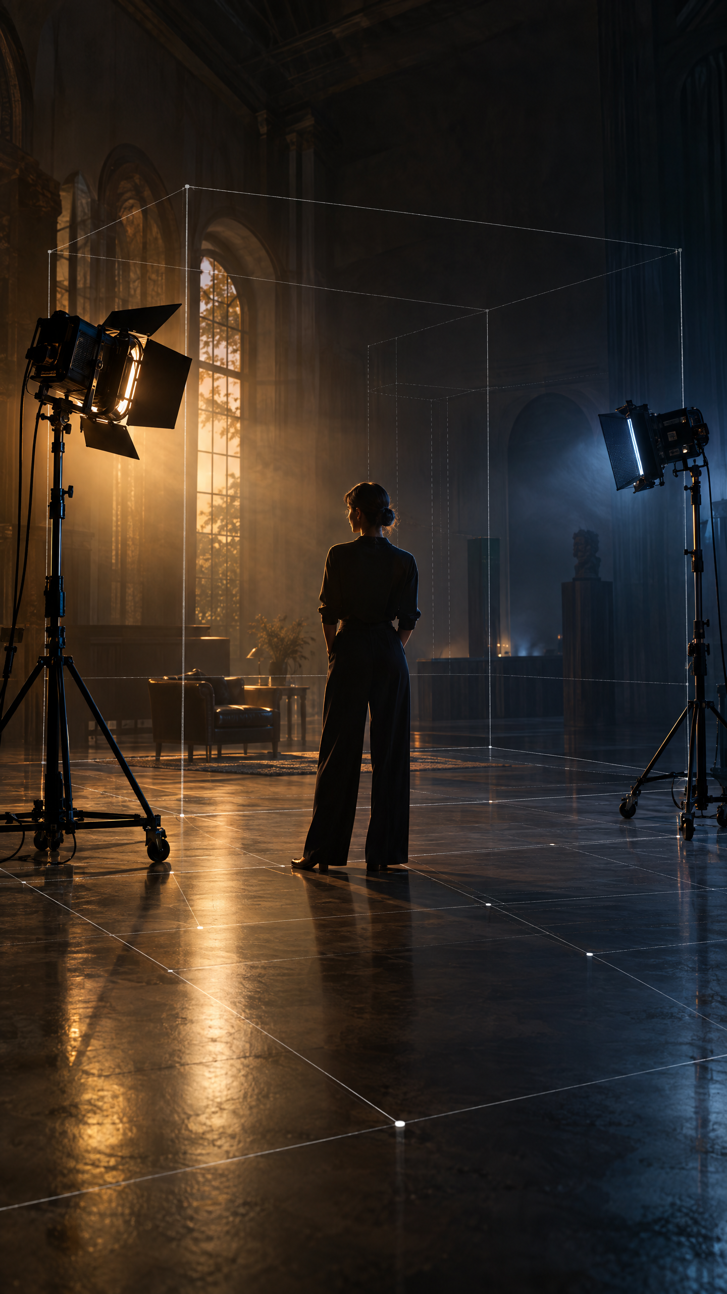 Original WATT-IF planning artwork showing a film location, two cinema fixtures, a subject, and a spatial wireframe