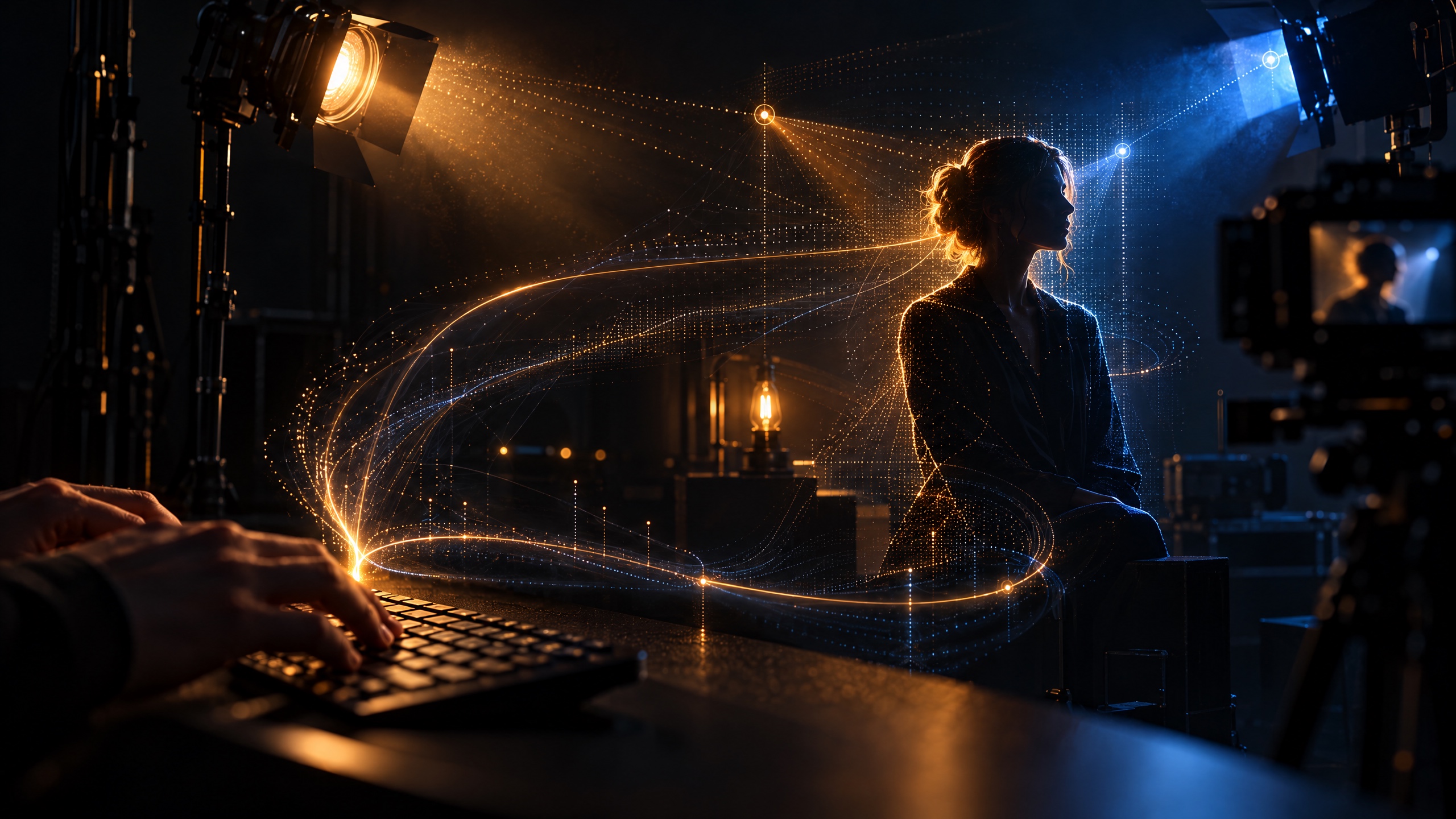Abstract amber and cobalt reasoning paths analyze a cinematic lighting setup around a subject