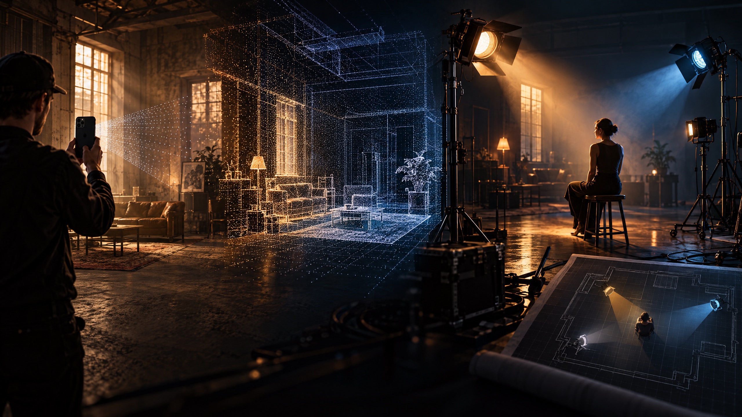 A filmmaker scans a location as it becomes a luminous spatial reconstruction, cinema lighting plan, and crew-ready blueprint