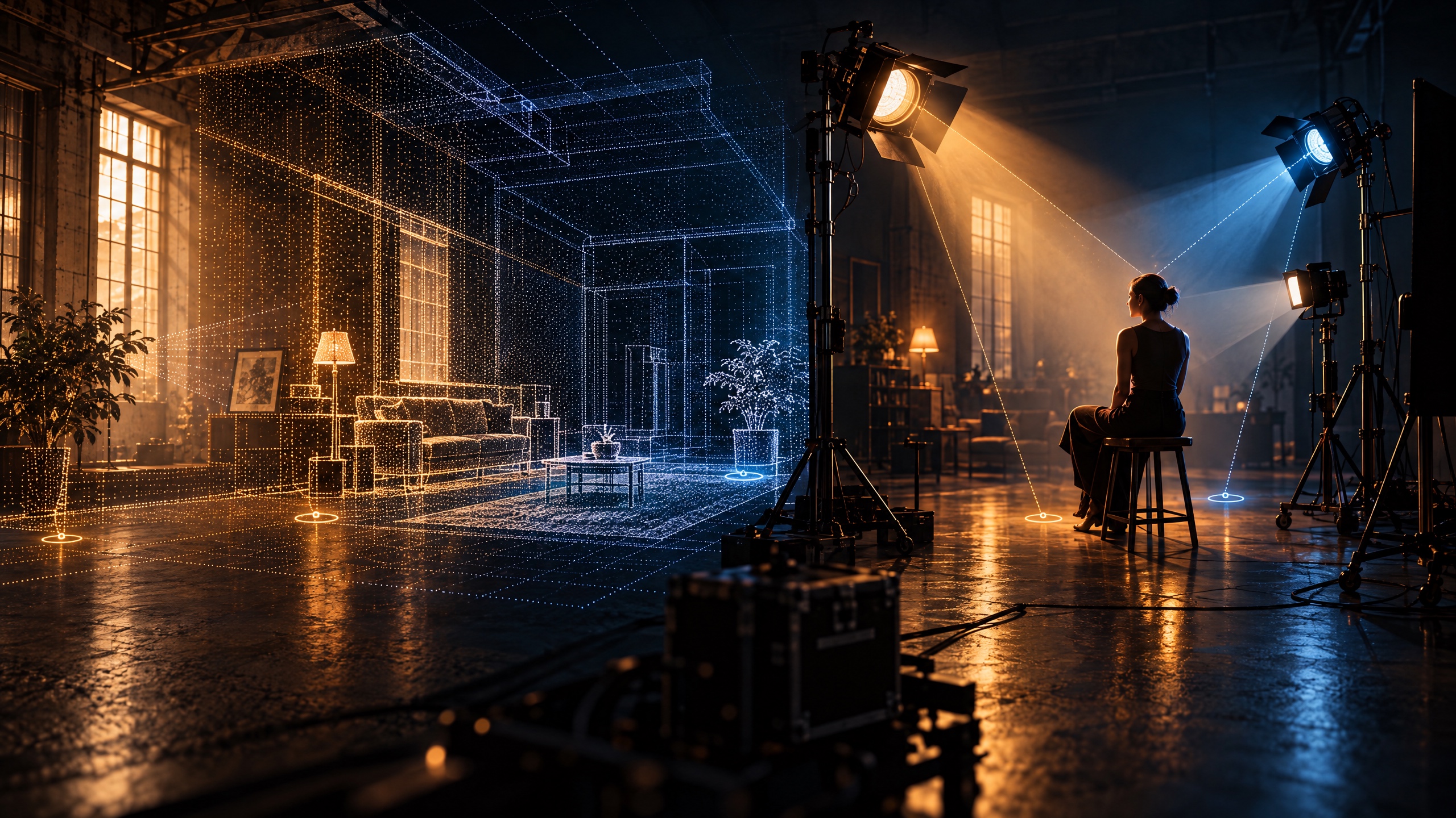 A cinematic location becomes a spatial Stage with virtual fixtures, placement markers, and amber-and-cobalt light paths